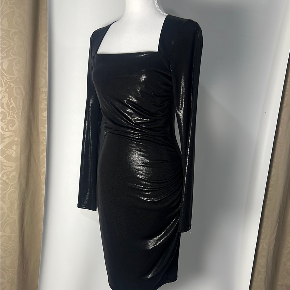 Black Ruched Square Neck Cocktail Dress